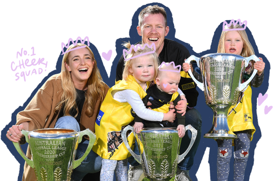 An image composition of Jack Riewoldt, his wife Carly, and three children holding three AFL Premierships cups.