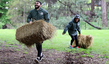Two people laughing and carrying hay bales. They are wearing green rain jackets.