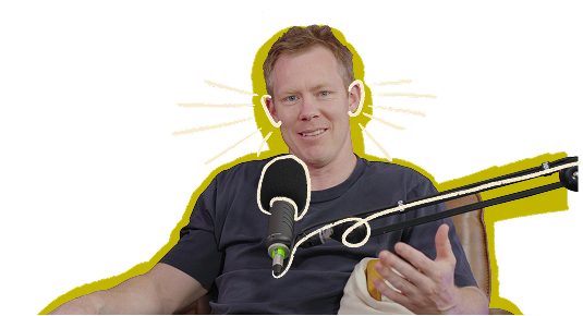 An image composition of Jack Riewoldt wearing a navy collared shirt and talking with his hands.