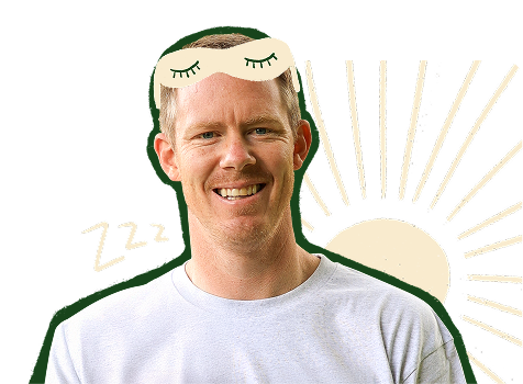 An illustrated image composition of Jack Riewoldt with a sun and sleeping mask.