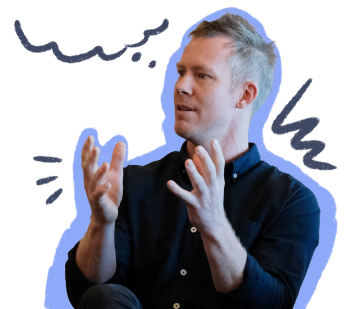 An image composition of Jack Riewoldt wearing a navy collared shirt and talking with his hands.