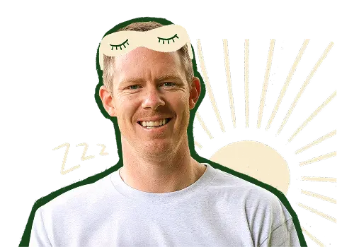 An illustrated image composition of Jack Riewoldt with a sun and sleeping mask.